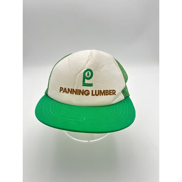 Vintage Panning Lumber Trucker Hat Snapback Mesh Cap Green White Foam Front - Picture 1 of 6
